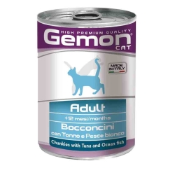 GEMON Adult Bocconcini Tonno/Pesce bianco - Cibo umido per gatti 1 lattina 415g