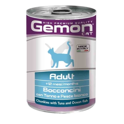 GEMON Adult Bocconcini Tonno/Pesce bianco - Cibo umido per gatti 1 lattina 415g