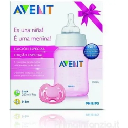 Avent set regalo classic e' una femminuccia biberon 260 ml + succhietto 0-6 m rosa