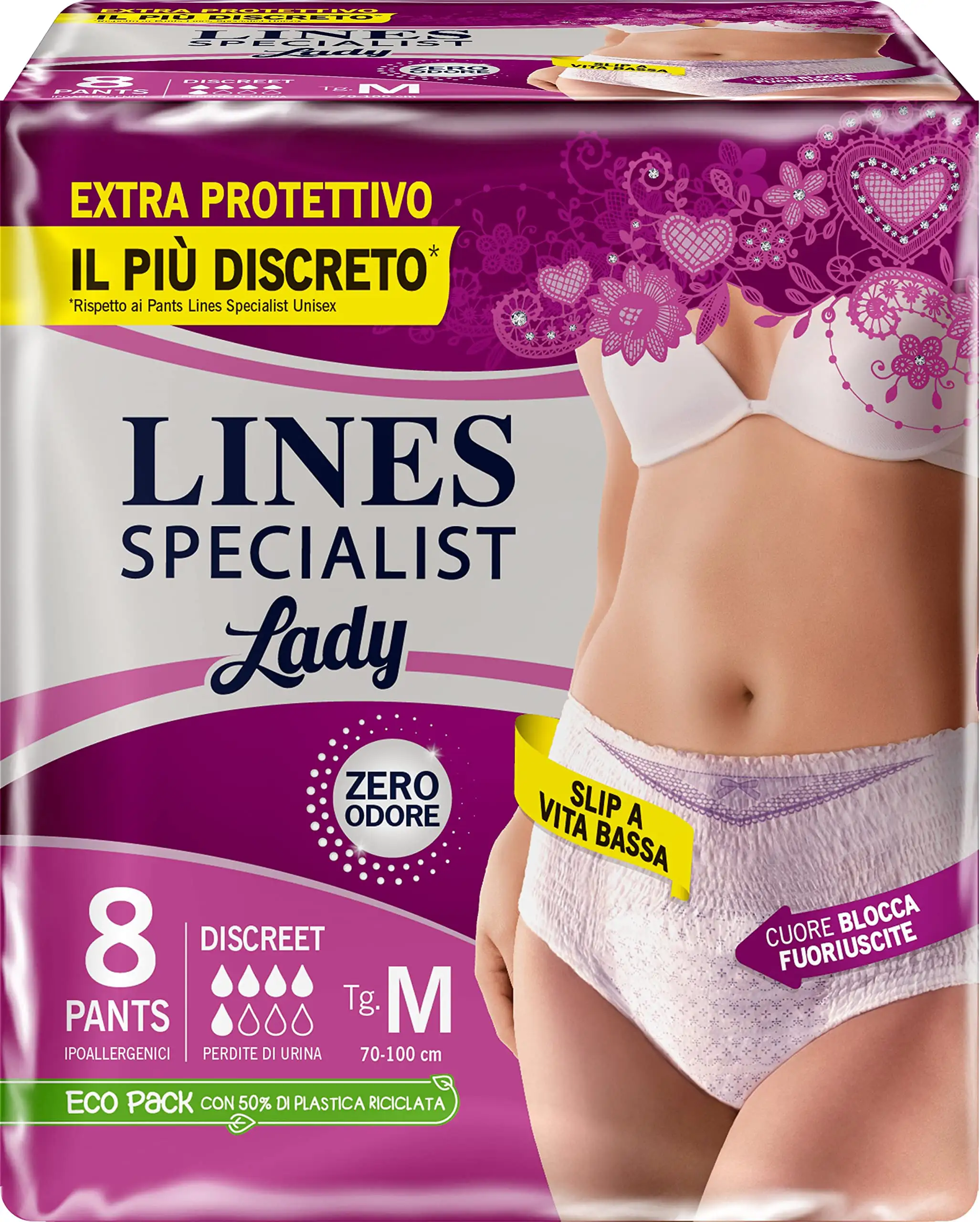 Lines Specialist Lady - 8 Mutandine Assorbenti a vita bassa Per Incontinenza Media Taglia M