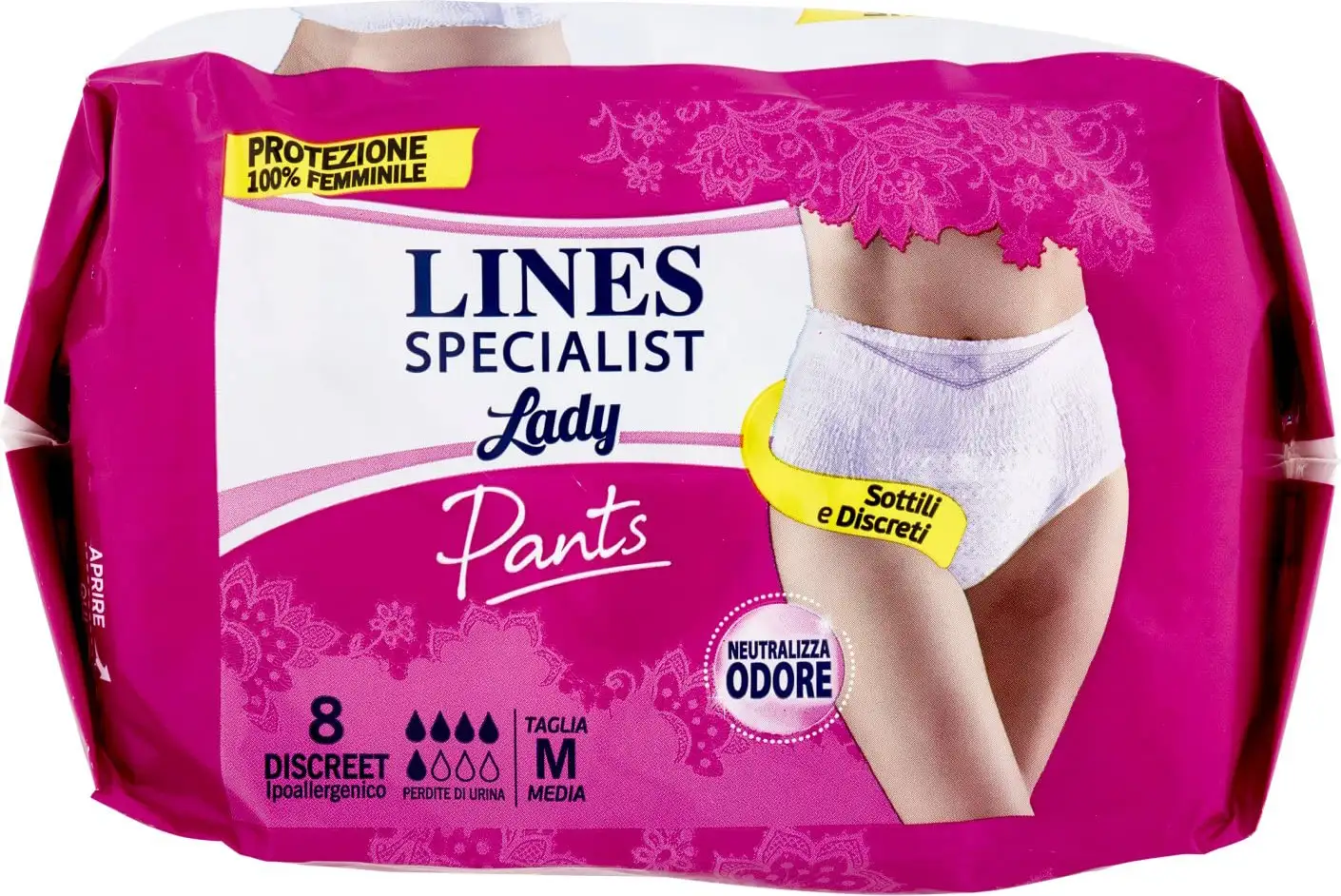 Lines Specialist Lady - 8 Mutandine Assorbenti a vita bassa Per Incontinenza Media Taglia M