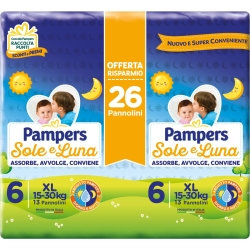 PAMPERS Sole E Luna Misura 6 - 26 Pannolini Extra Large 15-30 Kg