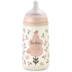 Suavinex Birdies - Biberon con tettarella in Silicone Sx Pro Flusso Medio AntiColica 3M+ Rosa 270 ml