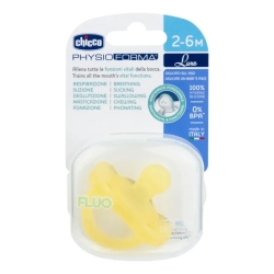 Chicco Physioforma Luxe Fluo - Succhietto Silicone Scudo Testurizzato Giallo 2-6 Mesi con Custodia Sterilizzante