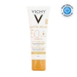 Vichy Crema Solare Viso 50+ SPF Capital Soleil Trattamento anti-macchie colorato 3 in 1 Protezione Molto Alta 50 ml