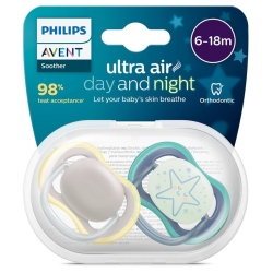 Ultra Air Day&Night - 2 Succhietti Ortodontici in Silicone 6-18 Mesi Fantasie Assortite