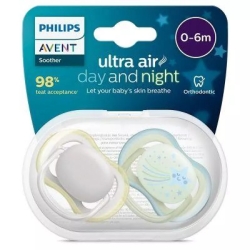 Ultra Air Day&Night - 2 Succhietti Ortodonticii in Silicone 0-6 Mesi Fantasie Assortite
