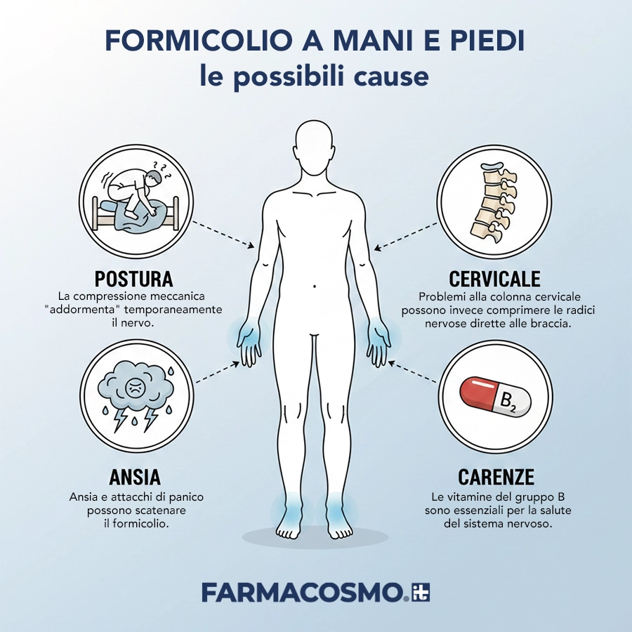 Le cause più comuni del formicolio a mani e piedi: postura, cervicale, ansia e carenze vitaminiche.